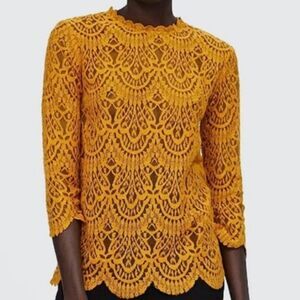 Zara Mustard Yellow Vintage Style Sheer Lace Blouse Size L